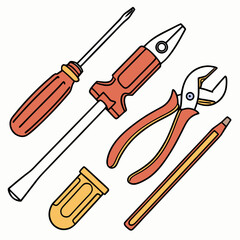 Assorted hand tools illustration screwdriver pliers pencil