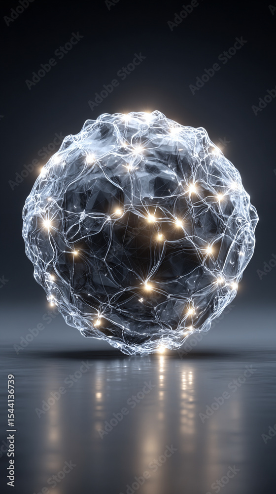 Poster pulsating wireframe sphere with coded lights glows against a dark background. abstract digital netwo