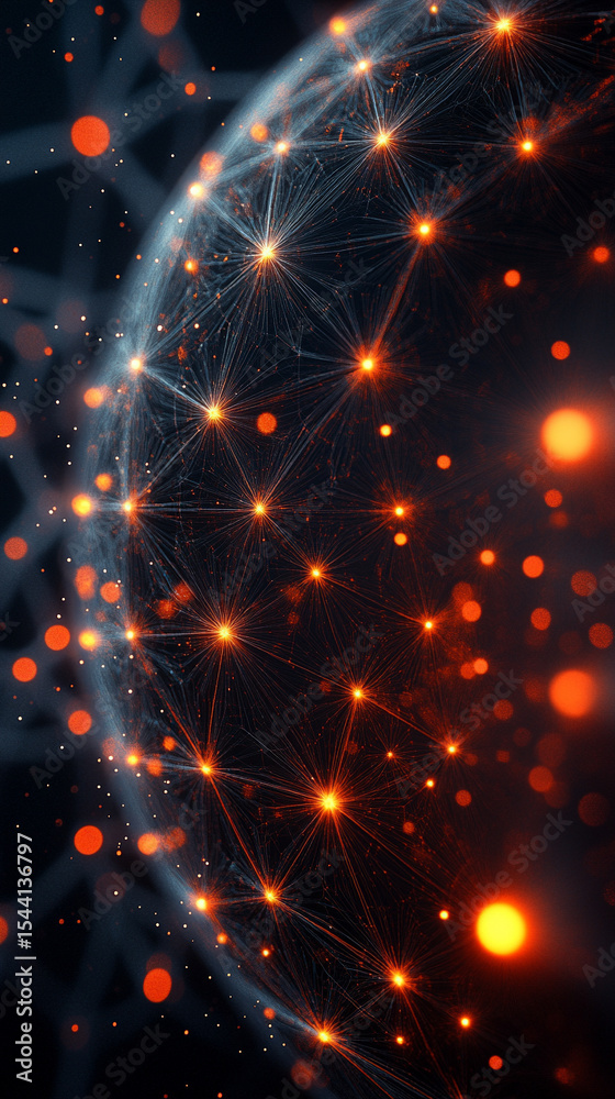Poster pulsating wireframe sphere with coded lights glows against a dark background. abstract digital netwo