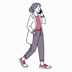 Walking woman talking on phone clean cutout illustration
