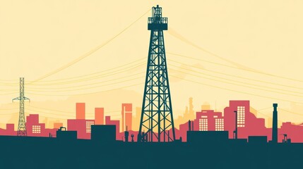 Oil rig silhouette amidst city skyline