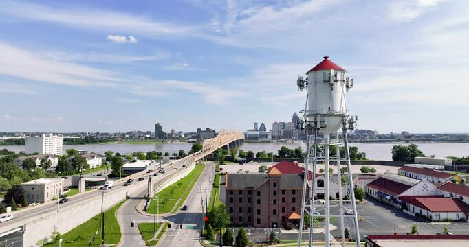 Clarksville Water Tower with Second Street Bridge and Louisville Skyline in Background | 4k UHD Drone View