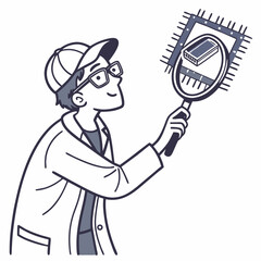 Scientist examining microchip through magnifying glass