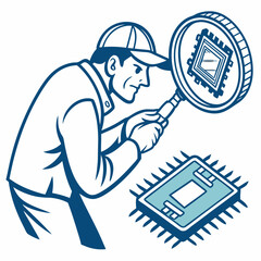 Technician inspecting microchip with magnifying glass detailed illustration