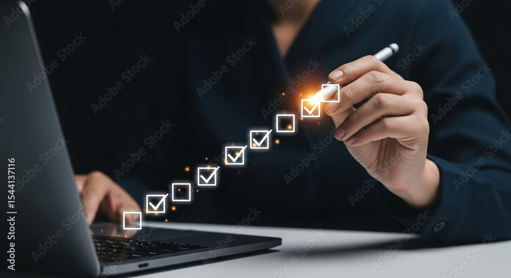 Leinwandbilder person using a stylus to check off boxes in a digital checklist on a laptop screen interface design