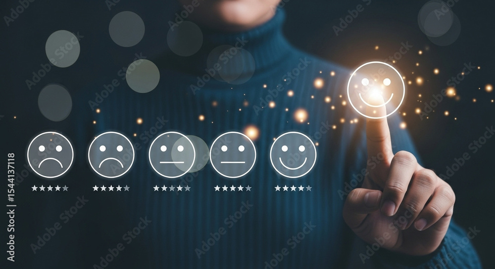 Poster person selecting a happy face on a customer satisfaction survey with glowing particles around it