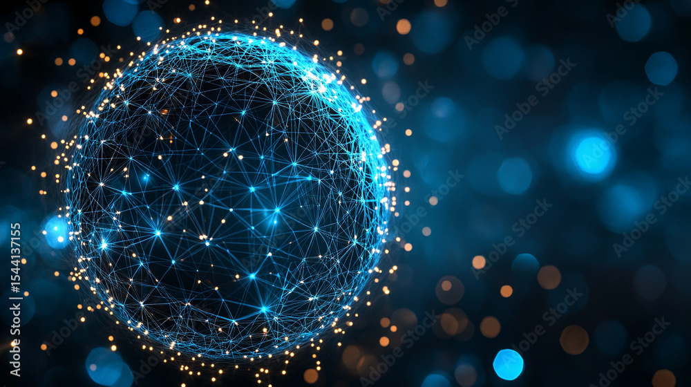 Poster pulsating wireframe sphere with coded lights glows against a dark background. abstract digital netwo