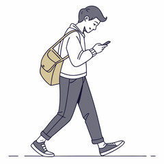Young man walking using smartphone beige bag casual style