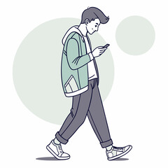 Young man walking and using smartphone, clean cutout, transparent background
