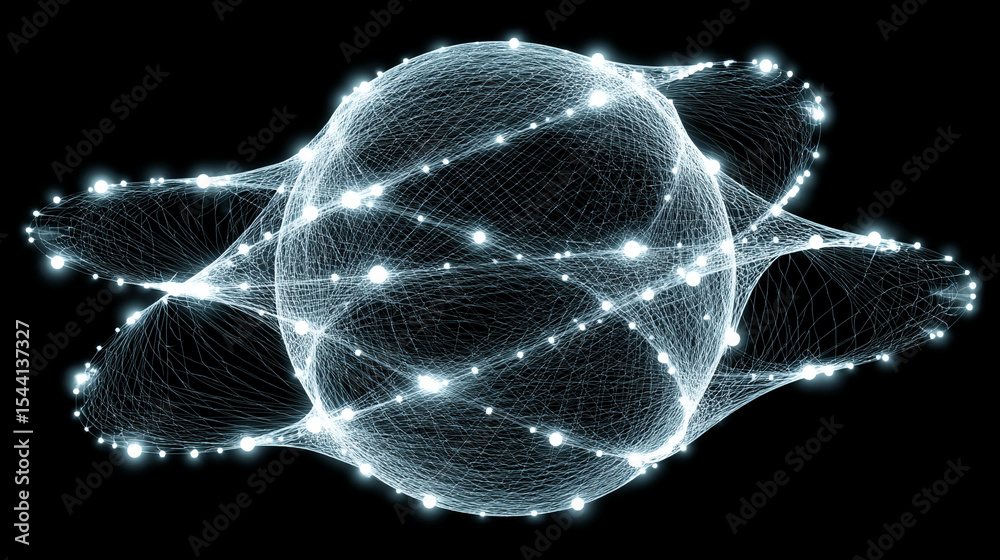 Poster pulsating wireframe sphere with coded lights glows against a dark background. abstract digital netwo