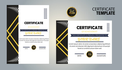 Modern certificate of achievement template with gold and black design