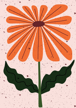 bold floral illustration with hand drawn orange daisy flower and green leaves on textured pastel background for modern wall art, printable decor and botanical design