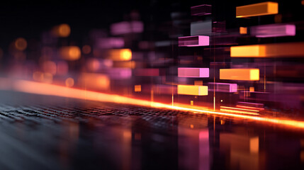 Purple technology background with horizontal lines and blocks. Abstract digital backdrop representing data transfer and network systems. Sleek design for business presentations and tech concepts.

