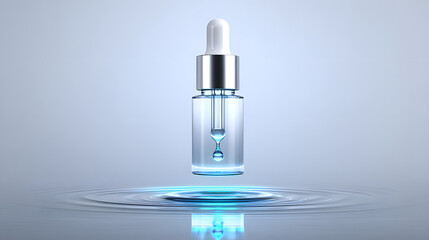 Clear glass dropper bottle with silver cap hovers above water ripple, showcasing single droplet suspended inside. serene setting emphasizes purity and elegance
