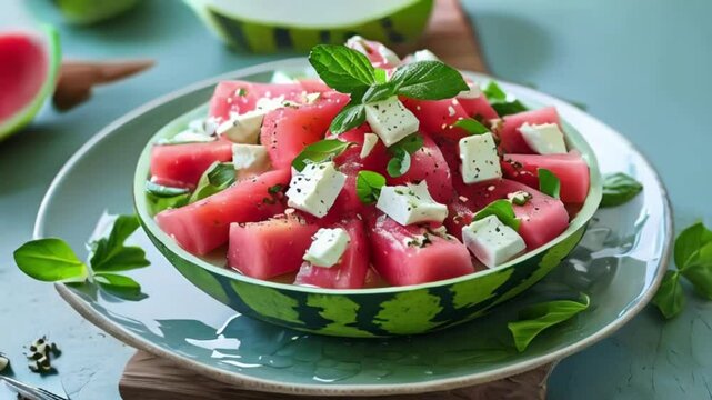 Wassermelonen-Feta-Salat mit Minze summer fruits for eating and hydrated created with generative ai
