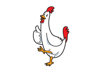 Illustration of a cheerful cartoon chicken character with a playful pose, designed to evoke fun and whimsy
