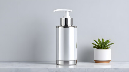 Obraz premium Sleek, silver pump bottle stands on marble surface beside small potted plant, set against light gray background. minimalist design exudes elegance and simplicity