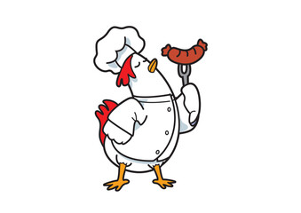 Illustration of a cheerful cartoon chicken character dressed as a chef, proudly holding a sausage on a fork to convey culinary skills