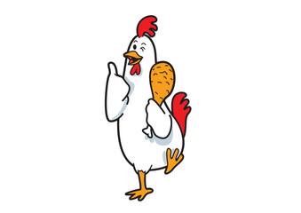 Illustration of a cheerful cartoon chicken character confidently holding a chicken drumstick, conveying a fun and inviting feel