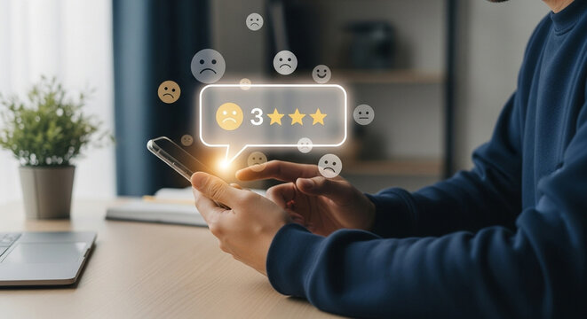 Person holding a smartphone with a feedback rating interface and floating emotion icons around it