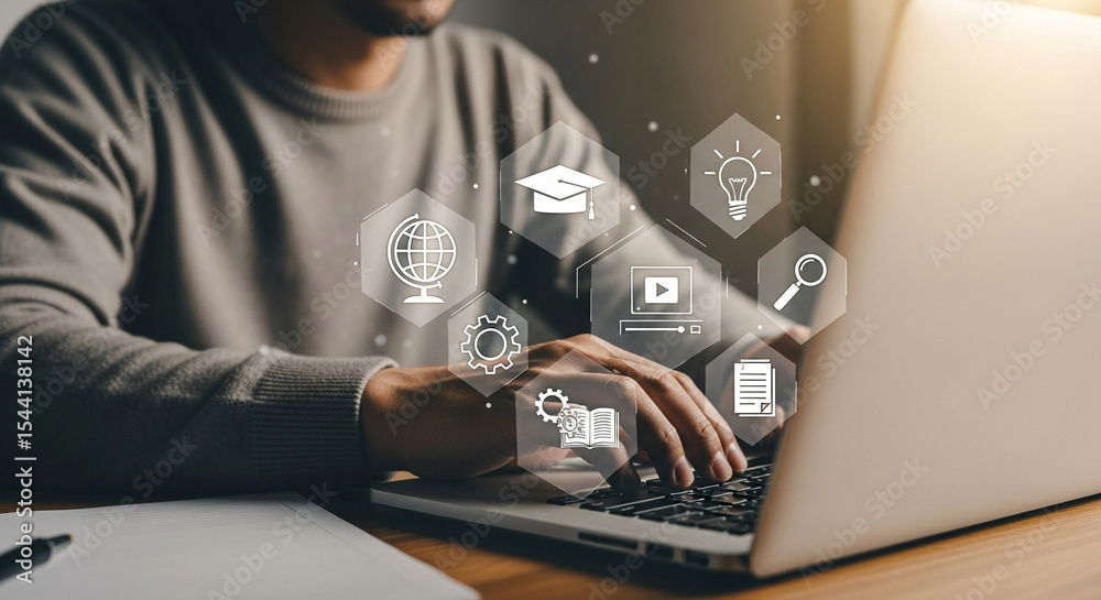 Poster man typing on laptop with educational icons hovering over it symbolizing online learning concept