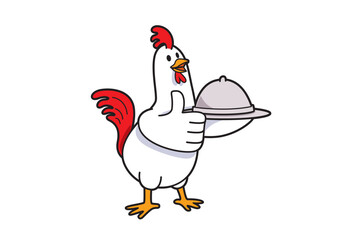 Illustration of a cheerful cartoon chicken character happily presenting a covered dish with a thumbs up, embodying hospitality and culinary delight