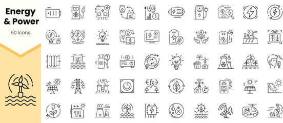A collection of energy and power icons, featuring diverse themes like renewable energy, efficiency, and conservation, set against a clean, minimalist backdrop.