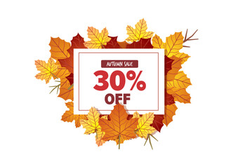 Autumn sale graphic featuring prominent 30 percent off text in a stylish box surrounded by colorful falling leaves for seasonal promotion