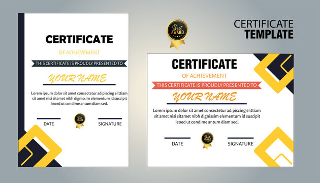Modern certificate of achievement template with yellow and black accents