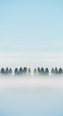 Misty Morning: Serene Panorama of Trees Shrouded in Fog, Minimalist Landscape Photography
