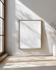Vertical frame mockup placed near floor with dramatic sunlight and dark soft shadows &ndash; minimalist sunlight interior