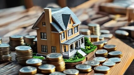 Miniature house model surrounded by stacks of coins on a wooden surface representing real estate created with generative ai - Powered by Adobe