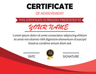 A certificate of achievement with red accents and placeholder text for a name