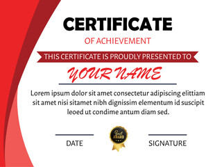 Certificate of achievement with red accents and placeholder text for name date