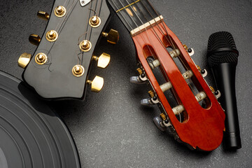 abstract musical background with vinyl disc and musical instruments with texture