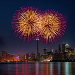 Toronto skyline with fireworks at night for celebrations, events, and tourism promotion