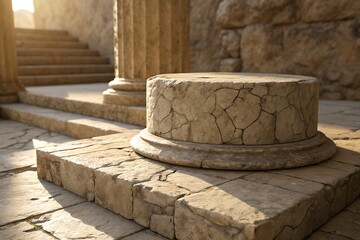A weathered stone column base rests on a stone pavement near ancient ruins with sunlight illuminating the scene