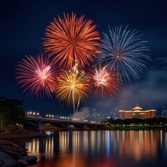 Colorful fireworks display over a city river at night for celebrations and events, backgrounds, and festive occasions