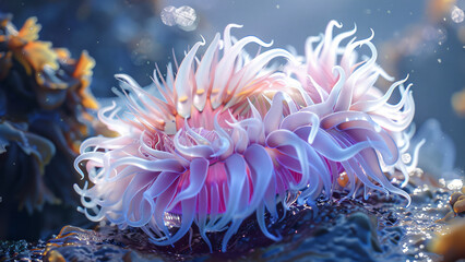 Colorful sea anemone underwater with flowing tentacles in coral reef