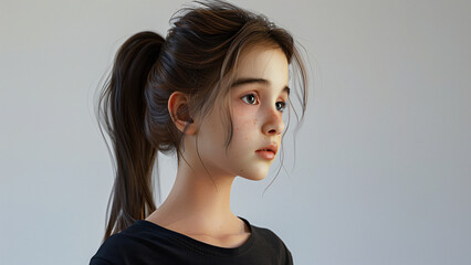 Young girl in profile with ponytail and neutral background