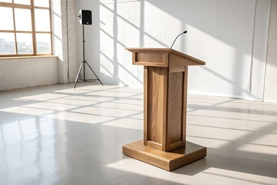 A simple wooden podium with a microphone sits in a bright room with large windows, perfect for presentations or speeches