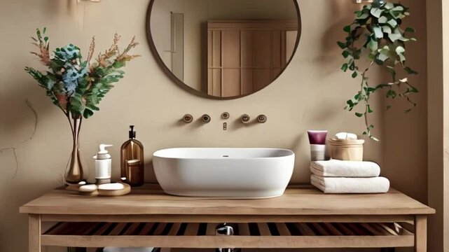 Table with sink, box and bath supplies near beige wall in bathroom created with generative ai