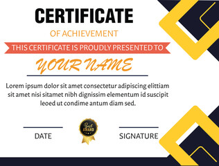 A certificate of achievement with yellow and black geometric decorations