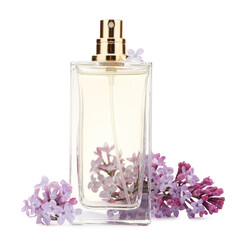 Luxury perfume and beautiful lilac flowers isolated on white