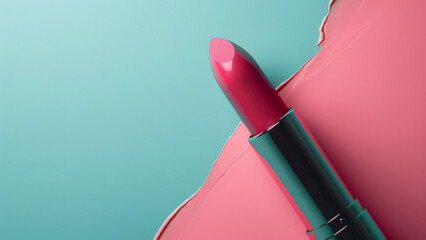 Red lipstick on pink paper background in minimal flatlay style