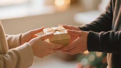 A close-up shot captures a person wearing a cozy beige sweater gently receiving a beautifully wrapped gift box, adorned with a delicate ribbon bow, from another person in a dark sweater