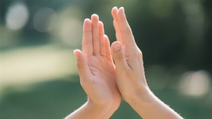 Close-up of woman's hands held up in prayer or gratitude against a blurred green background representing nature, health and well-being with soft light and shallow depth of field.
