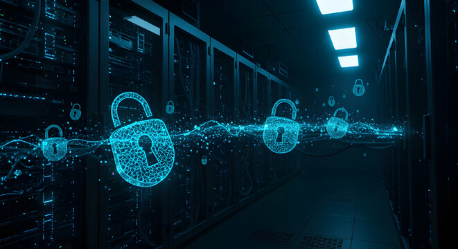 futuristic server room with glowing blue lights, encrypted data streams flowing through transparent cables, and secure digital locks hovering in the air