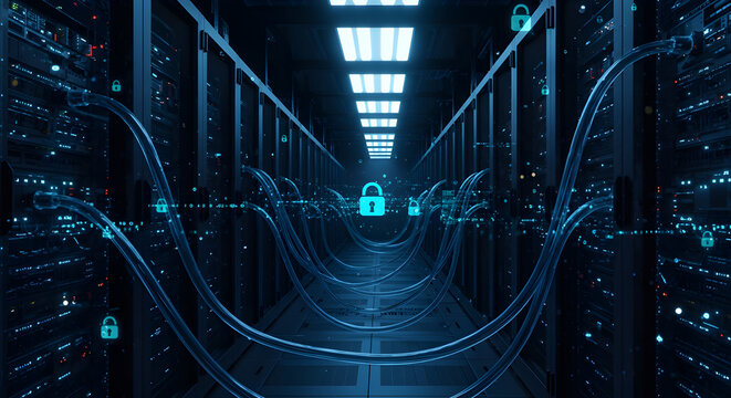 futuristic server room with glowing blue lights, encrypted data streams flowing through transparent cables, and secure digital locks hovering in the air