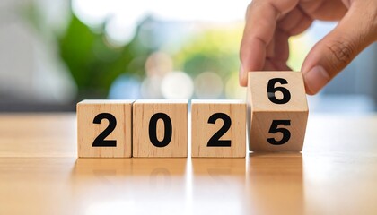 A hand flips a wooden block to display the year 2026, showcasing growth and the passage of time.